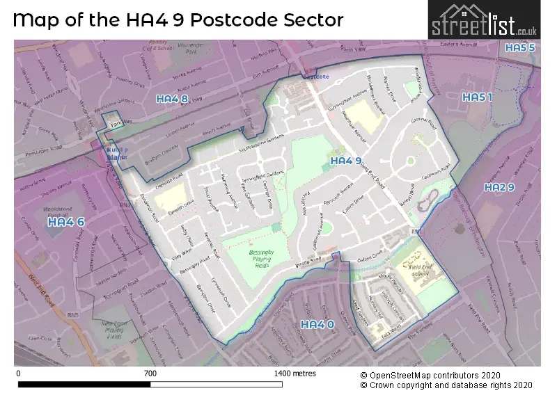 Map of the HA4 9 and surrounding postcode sector