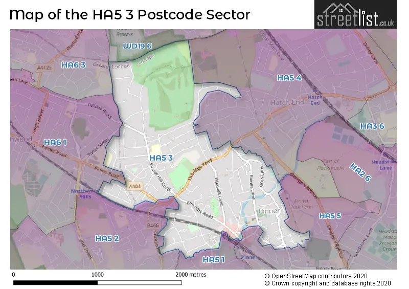 Map of the HA5 3 and surrounding postcode sector