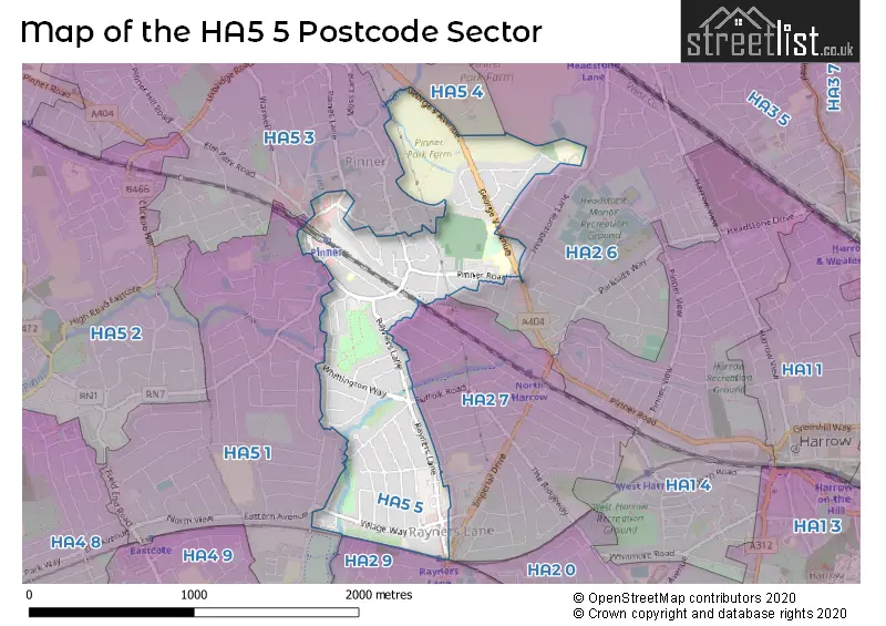 Map of the HA5 5 and surrounding postcode sector