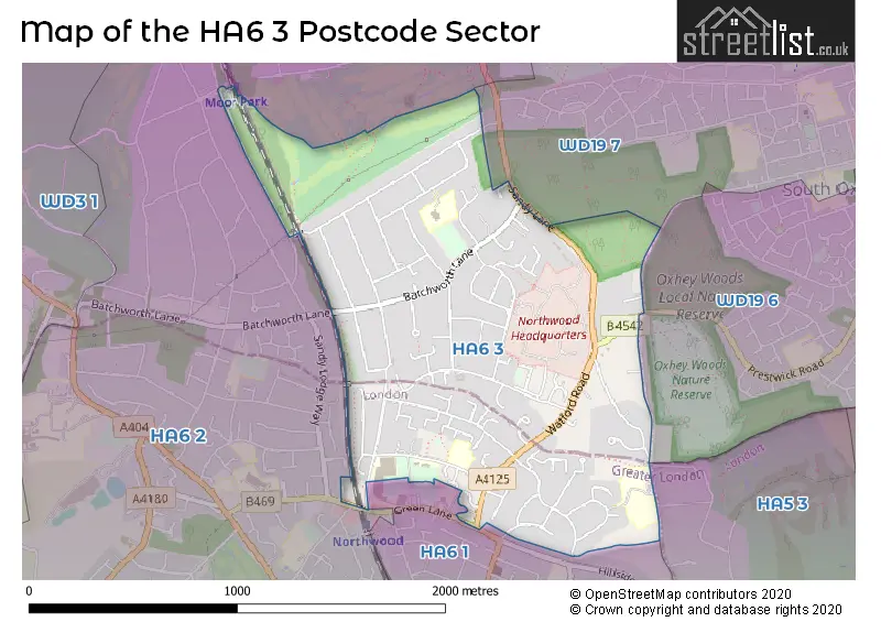 Map of the HA6 3 and surrounding postcode sector