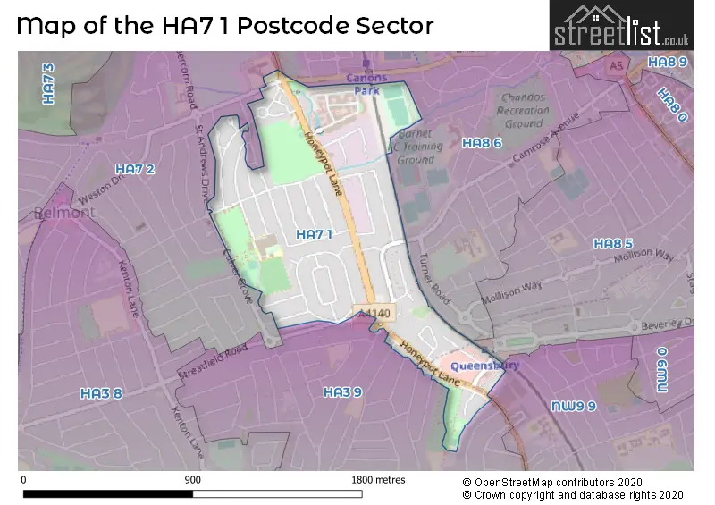 Map of the HA7 1 and surrounding postcode sector