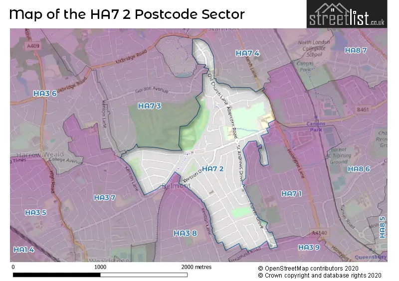 Map of the HA7 2 and surrounding postcode sector