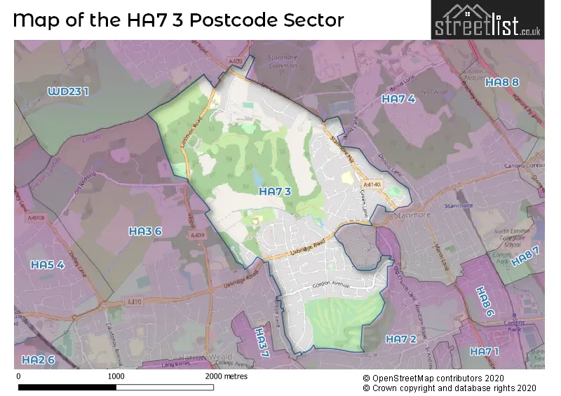 Map of the HA7 3 and surrounding postcode sector