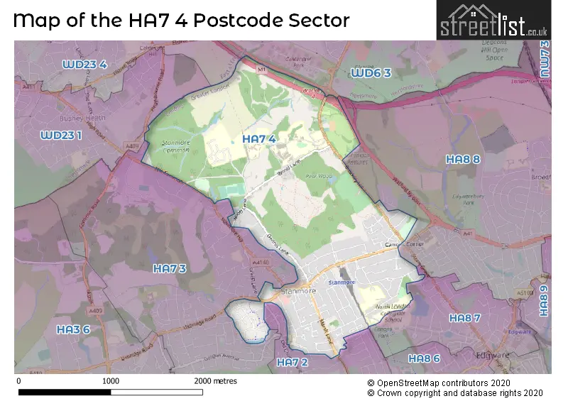 Map of the HA7 4 and surrounding postcode sector