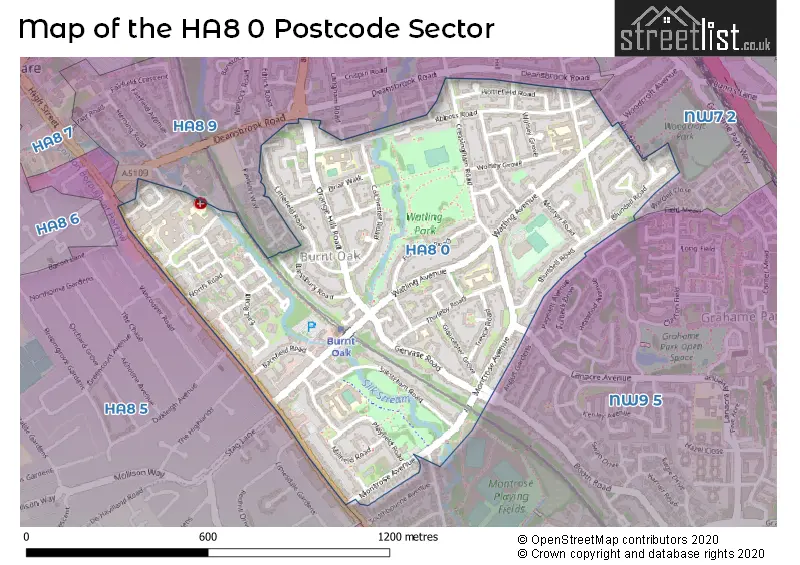 Map of the HA8 0 and surrounding postcode sector