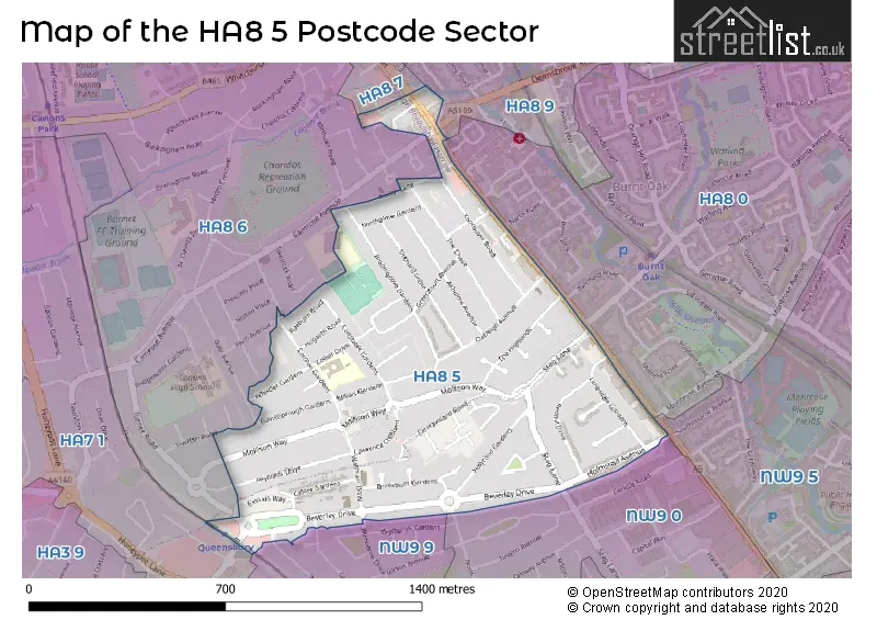 Map of the HA8 5 and surrounding postcode sector