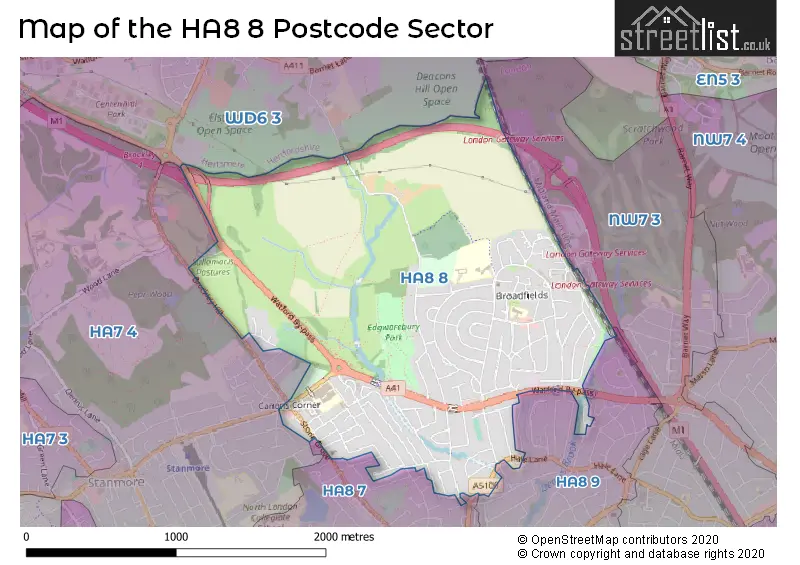 Map of the HA8 8 and surrounding postcode sector