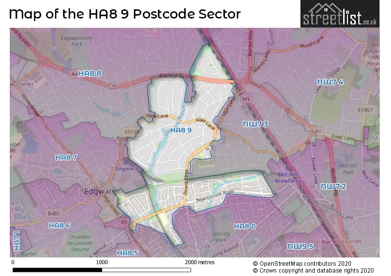 Map of the HA8 9 and surrounding postcode sector