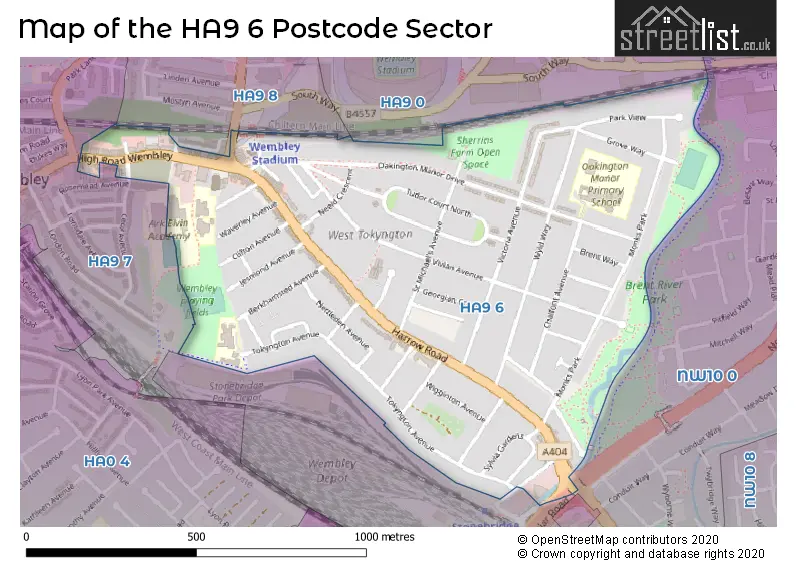Map of the HA9 6 and surrounding postcode sector