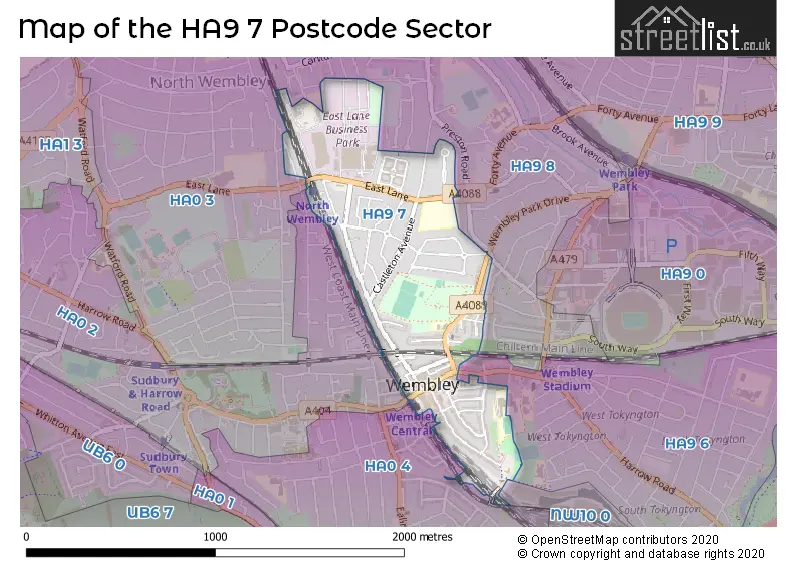 Map of the HA9 7 and surrounding postcode sector