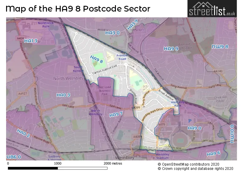 Map of the HA9 8 and surrounding postcode sector