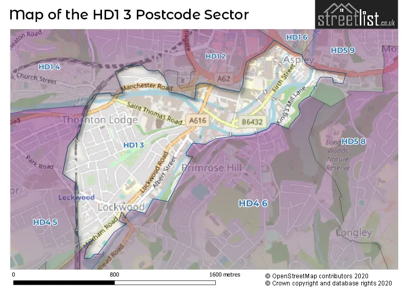 Map of the HD1 3 and surrounding postcode sector
