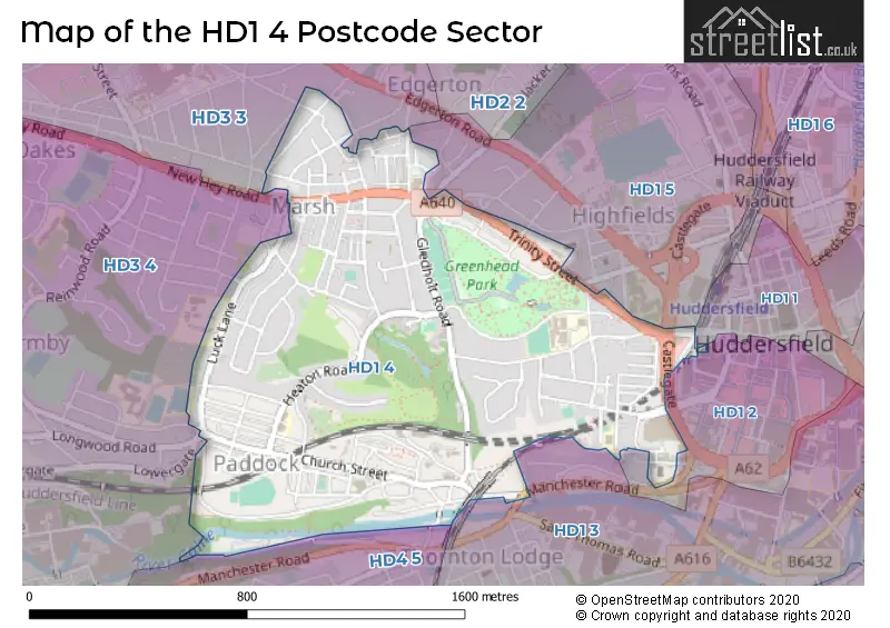 Map of the HD1 4 and surrounding postcode sector