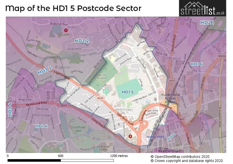 Map of the HD1 5 and surrounding postcode sector