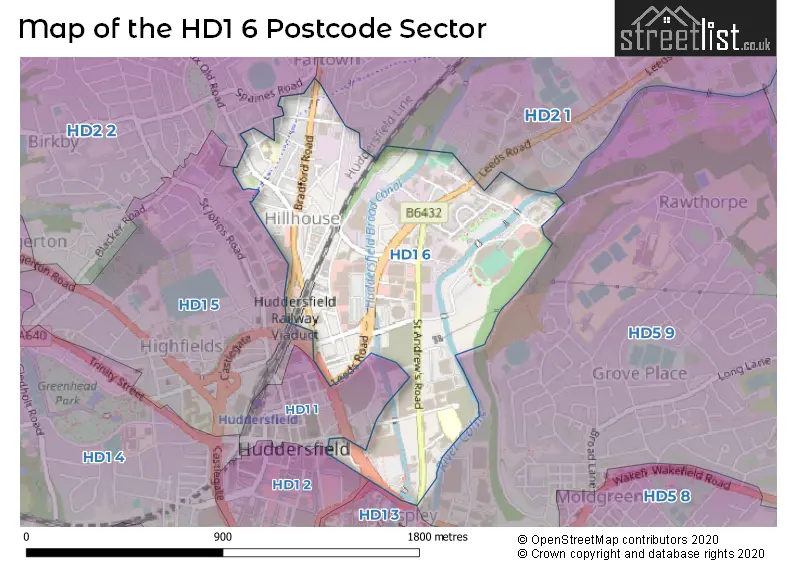 Map of the HD1 6 and surrounding postcode sector