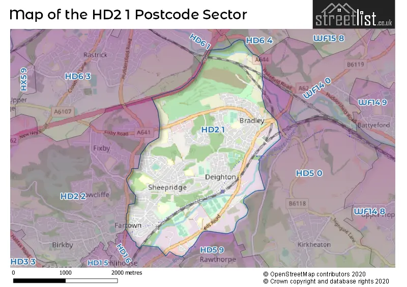 Map of the HD2 1 and surrounding postcode sector