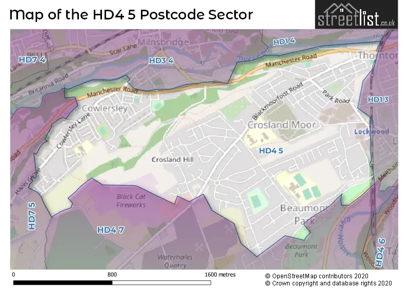 Map of the HD4 5 and surrounding postcode sector
