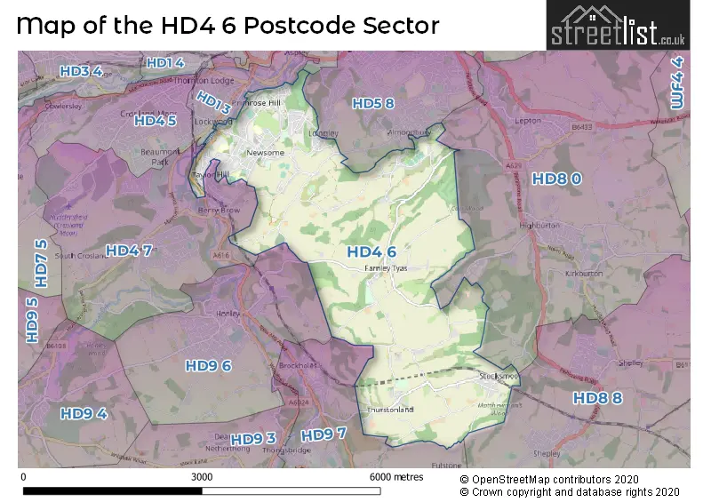 Map of the HD4 6 and surrounding postcode sector