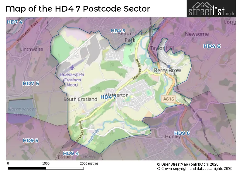 Map of the HD4 7 and surrounding postcode sector