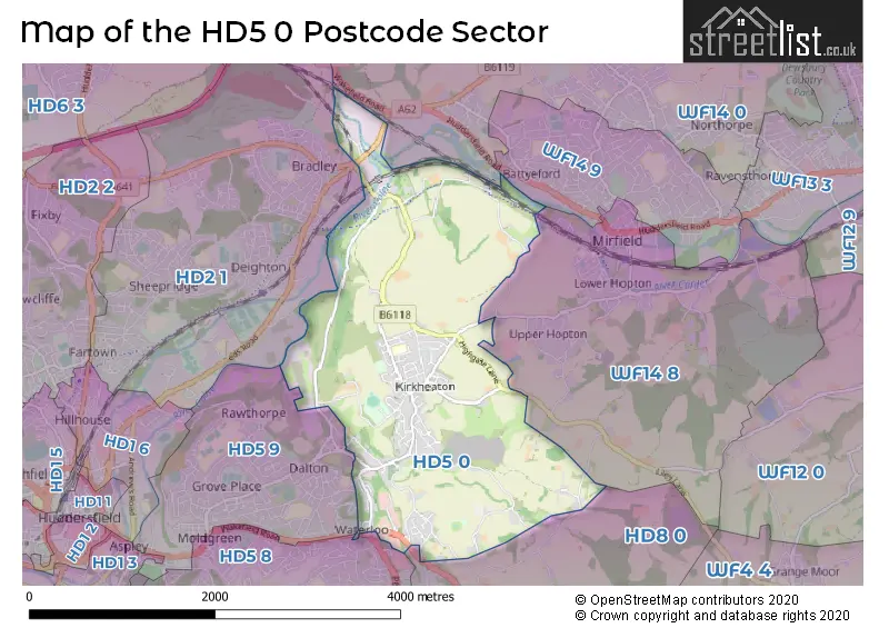 Map of the HD5 0 and surrounding postcode sector