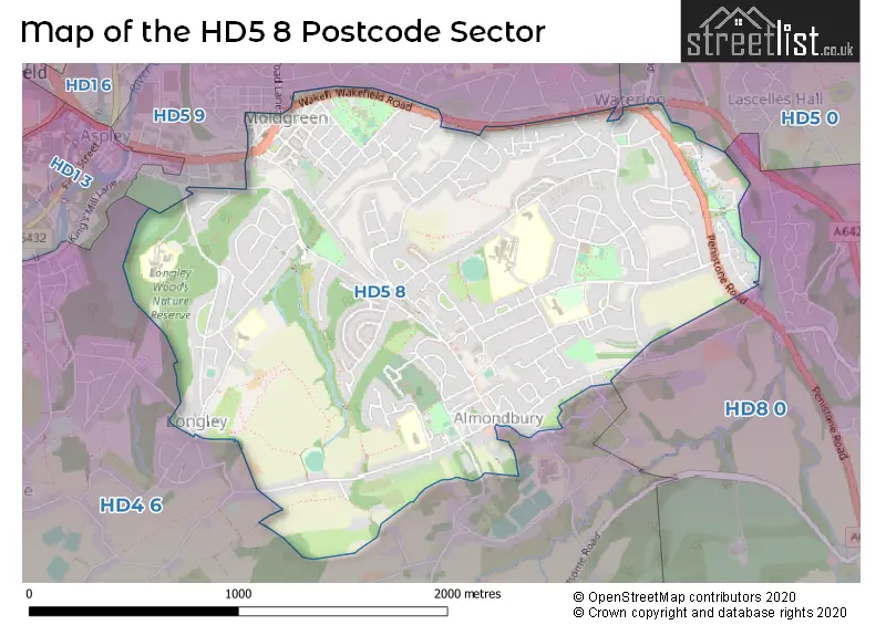 Map of the HD5 8 and surrounding postcode sector