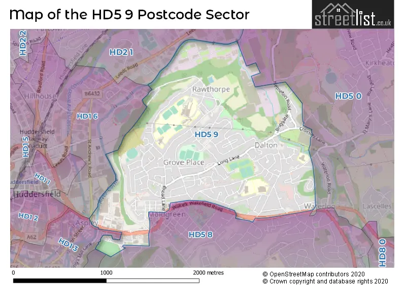 Map of the HD5 9 and surrounding postcode sector