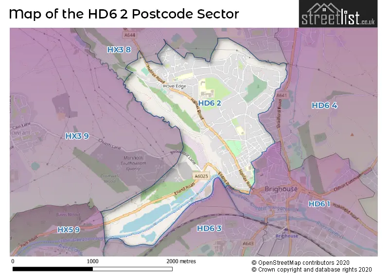 Map of the HD6 2 and surrounding postcode sector