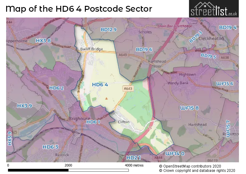 Map of the HD6 4 and surrounding postcode sector