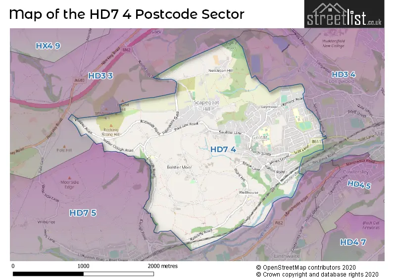 Map of the HD7 4 and surrounding postcode sector
