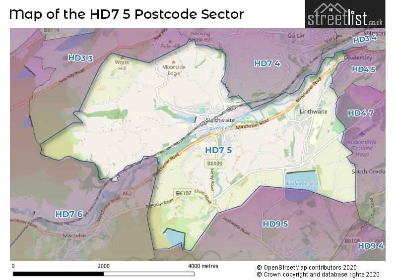 Map of the HD7 5 and surrounding postcode sector