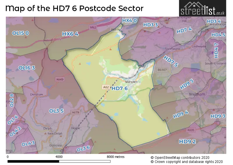 Map of the HD7 6 and surrounding postcode sector