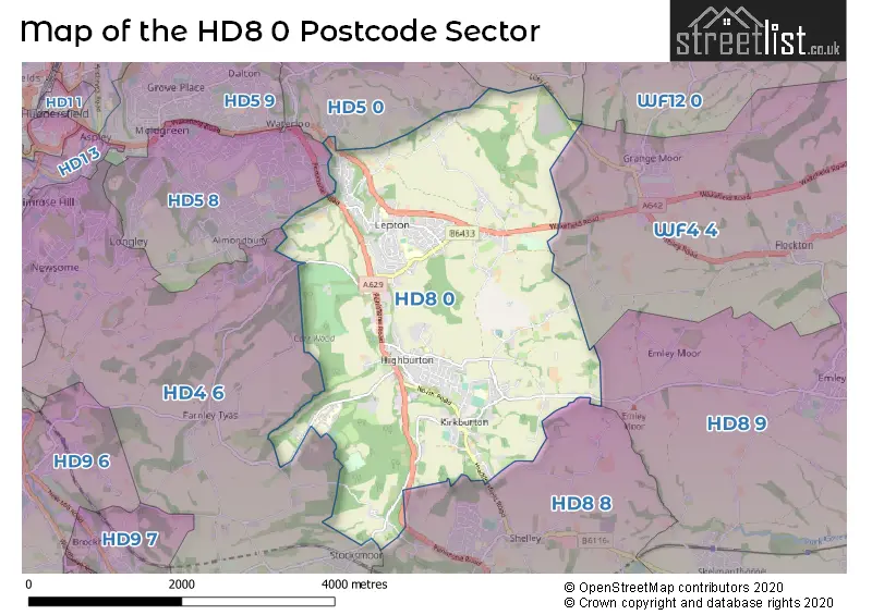 Map of the HD8 0 and surrounding postcode sector