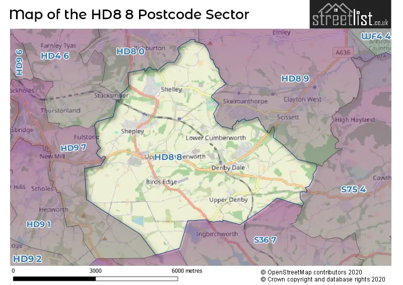 Map of the HD8 8 and surrounding postcode sector