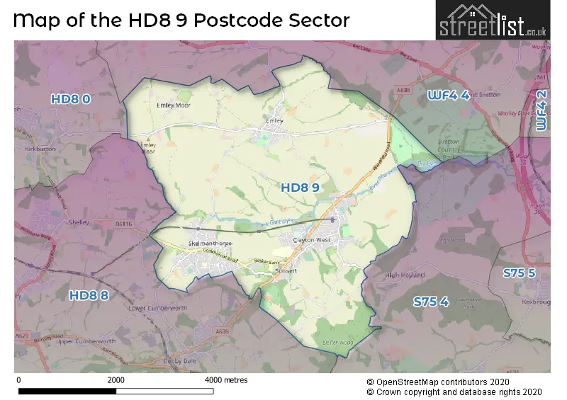 Map of the HD8 9 and surrounding postcode sector