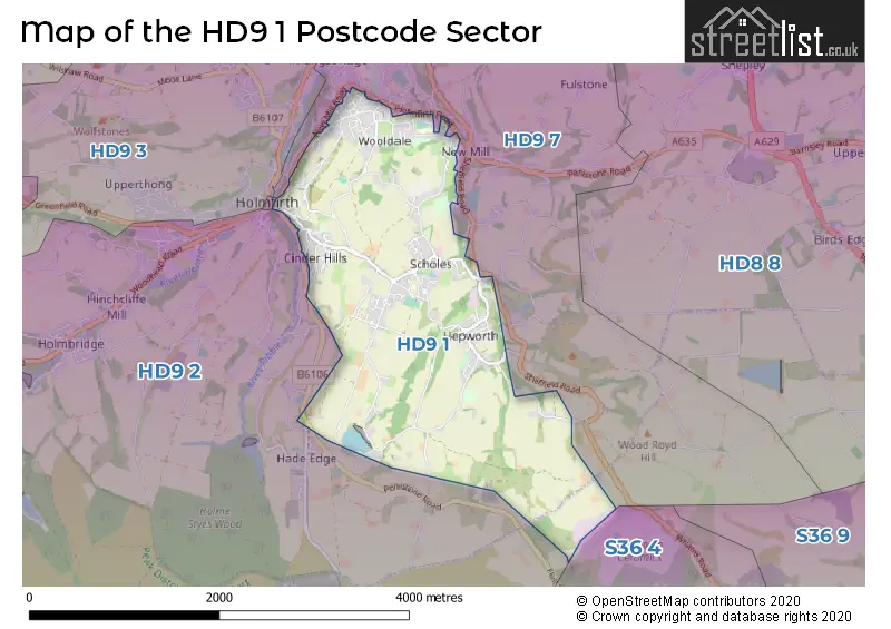 Map of the HD9 1 and surrounding postcode sector