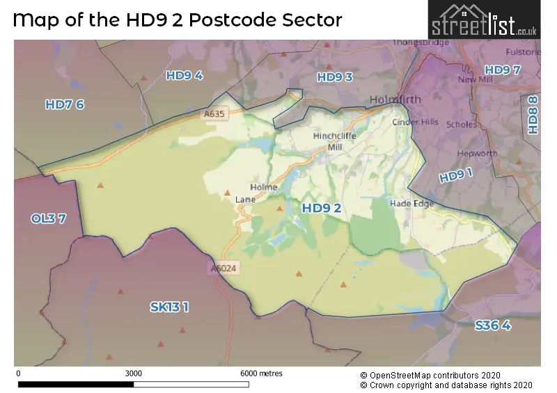 Map of the HD9 2 and surrounding postcode sector