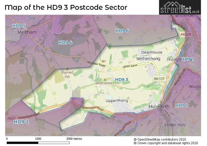 Map of the HD9 3 and surrounding postcode sector