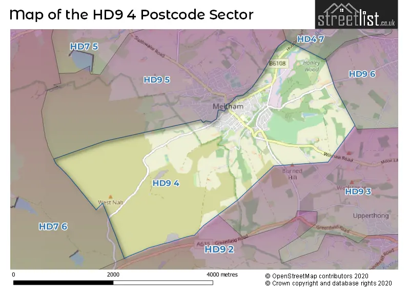 Map of the HD9 4 and surrounding postcode sector