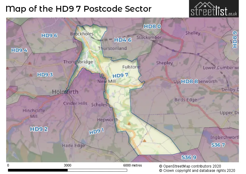 Map of the HD9 7 and surrounding postcode sector