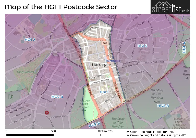 Map of the HG1 1 and surrounding postcode sector