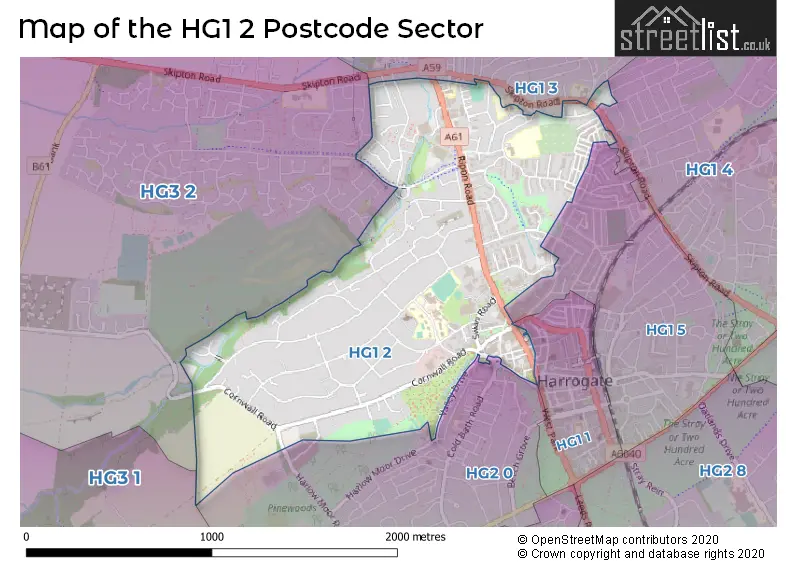 Map of the HG1 2 and surrounding postcode sector