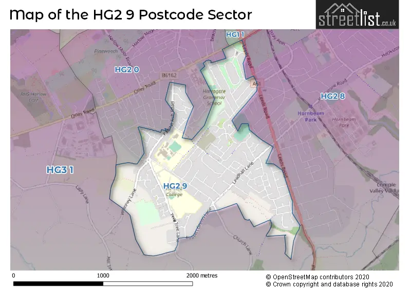 Map of the HG2 9 and surrounding postcode sector