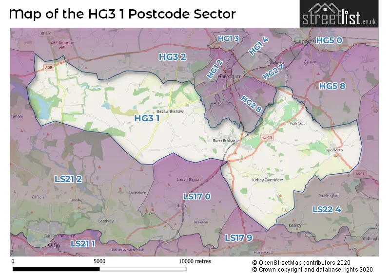 Map of the HG3 1 and surrounding postcode sector