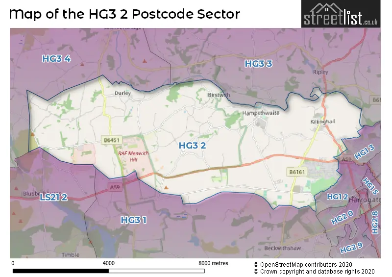 Map of the HG3 2 and surrounding postcode sector