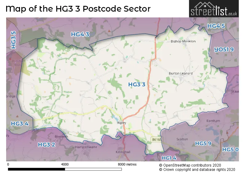Map of the HG3 3 and surrounding postcode sector