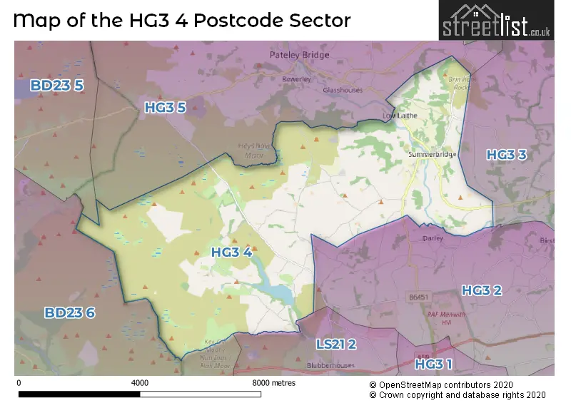 Map of the HG3 4 and surrounding postcode sector