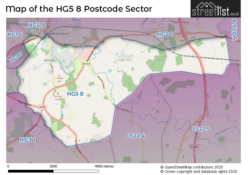 Map of the HG5 8 and surrounding postcode sector