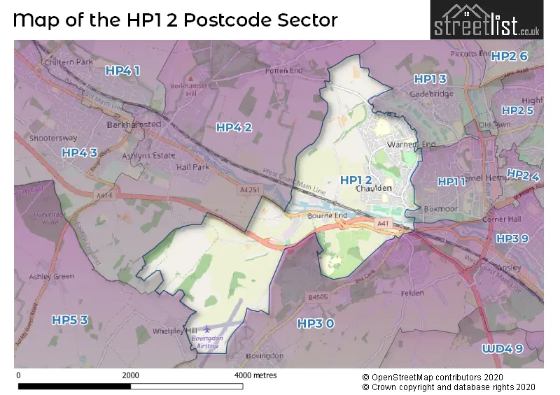 Map of the HP1 2 and surrounding postcode sector