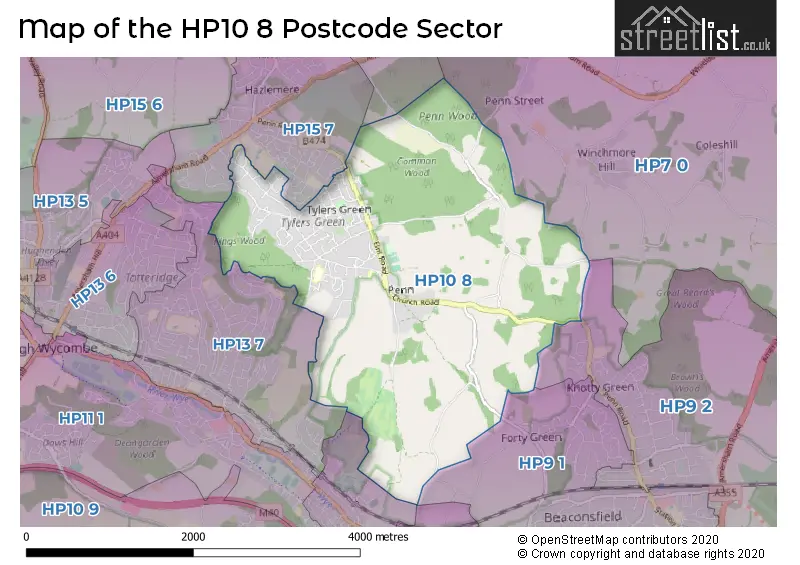Map of the HP10 8 and surrounding postcode sector