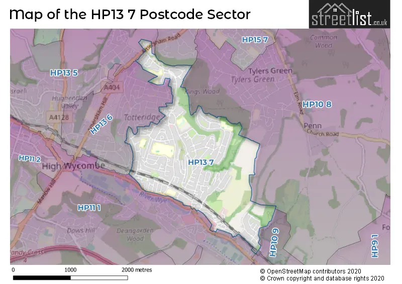 Map of the HP13 7 and surrounding postcode sector